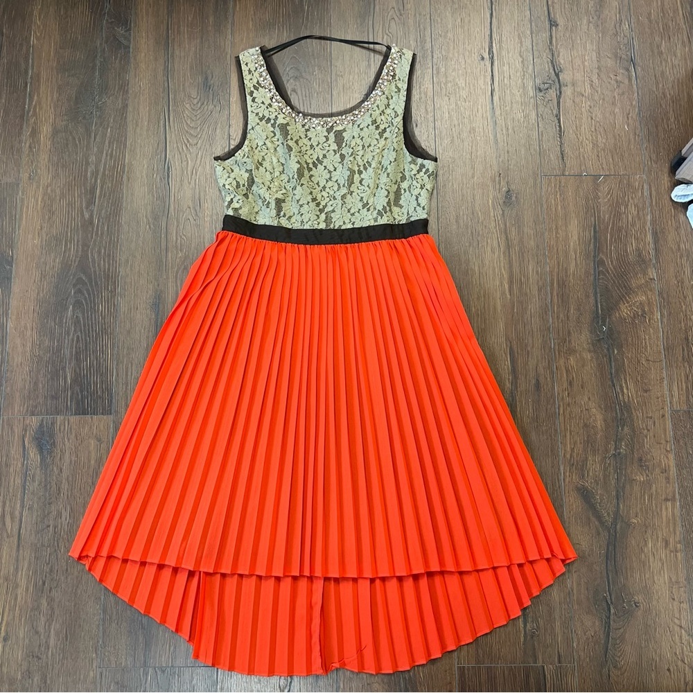 Ryu brown & orange‎ pleated lace dress SZ LG